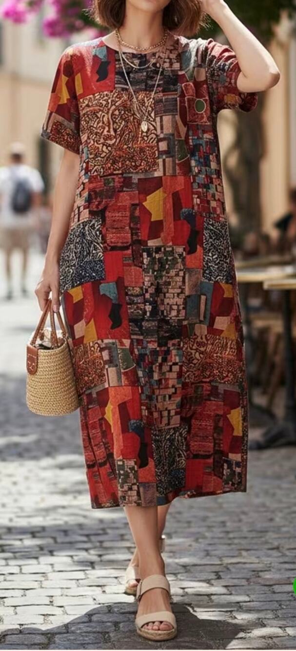 100% Linen Patchwork Scandinavian Art Print Midi Shift Dress Size M